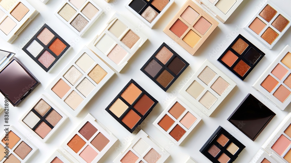 Poster a flat lay showcasing an organized collection of various eye shadow palettes and highlighters, all a