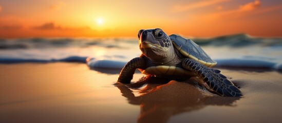 Baby sea turtle prepared for release into the ocean at sunset, emphasizing conservation of endangered marine species with a selective focus allowing room for text. Copy space image