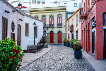 Cobbled streets with beautiful buildings in the capital of the island of La Palma, Santa Cruz.