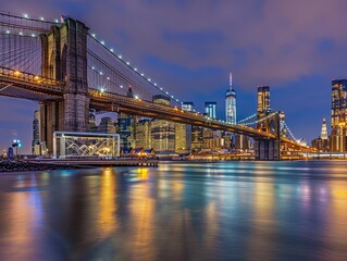 Fototapeta premium Brooklyn Bridge with Manhattan Skyline A classic shot of the Brooklyn Bridge with the Manhattan skyline in the background, preferably during the blue hour