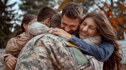 A soldier is warmly embraced by family at home, their faces filled with gratitude and overwhelming joy.