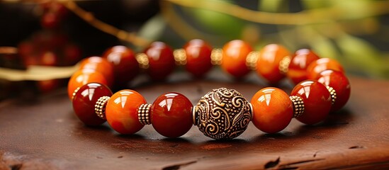 Naklejka premium A varied assortment of handmade jewelry featuring pink quartz, carnelian stone, unakite stone, green aventurine, amber, and black tourmaline on a white background with copy space image.