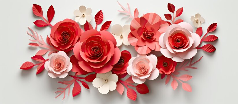 Red origami rose with green leaves, perfect for Valentine's Day, against a white backdrop, conveying a love theme with copy space image.