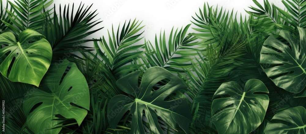 Wall mural nature concept flat lay with a creative arrangement of flowers and leaves around a paper card note, 