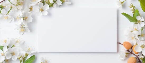 Easter-themed frame with flowers, feathers, and eggshells on a pink background with copy space image.