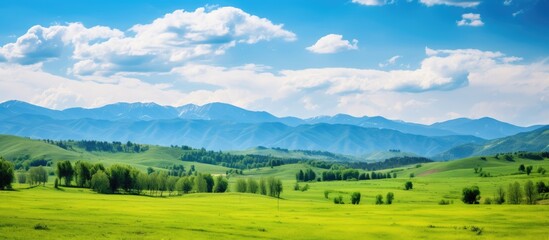 Obraz premium Scenic view featuring hills, trees, and a cloudy sky with copy space image.