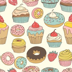 A seamless pattern of whimsical cupcakes and donuts, creating a fun and detailed continuous design
