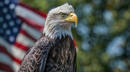 Obraz premium Eagle with American Flag Background A majestic bald eagle with the American flag waving in the background