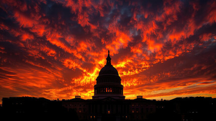 Sunset Silhouette The Capitol Building silhouetted against a vibrant sunset, creating a dramatic effect