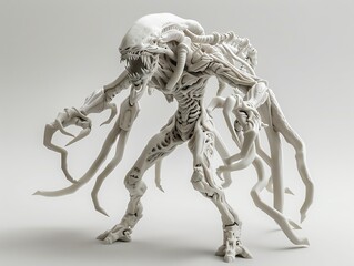 A 3D render of a detailed alien creature action figure with tentacles