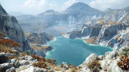 Aerial view of Ijen volcano in Java, Indonesia with its turquoise crater lake surrounded by rugged mountains.