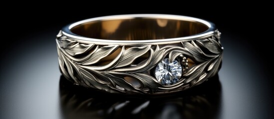 Golden signet ring with a blank face, alongside professional jeweler tools, serving as a concept template for designers, jewelers, or engravers, with copy space image.