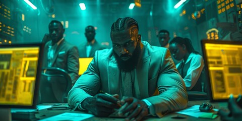 Multiracial business colleagues focused on work in a neon-lit office at night, with intense concentration and a dynamic team atmosphere.