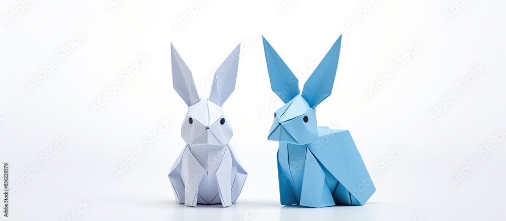 Wall mural blue rabbit origami on white backdrop with copy space image.