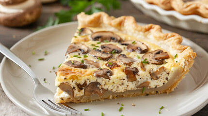 Gluten free mushroom quiche pie on a white plate with a fork close up mockup