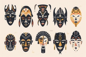 Set of ten traditional African tribal masks featuring intricate designs and vibrant colors, representing cultural heritage and artistry.