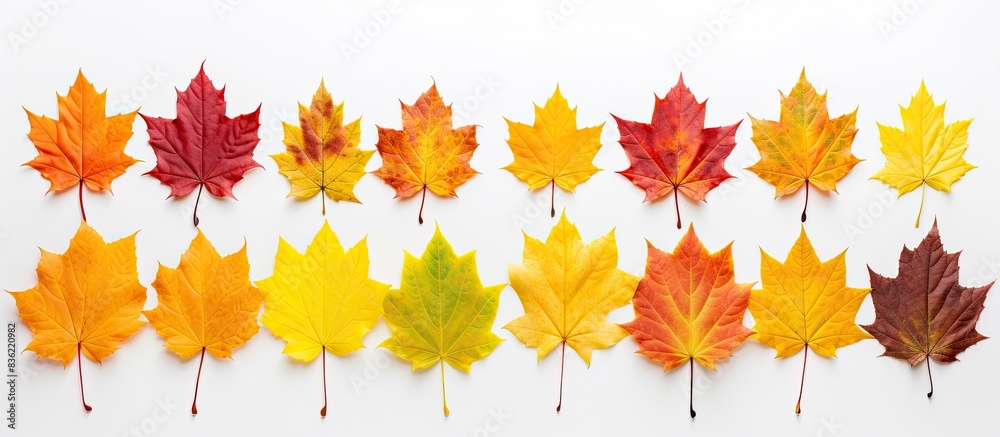 Wall mural Autumn leaves on a white background with copy space image.