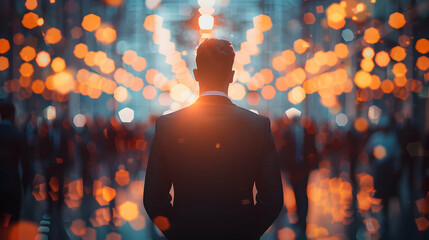 Photo realistic CEO with company logo concept at a corporate thanks party   ideal for business and branding ads