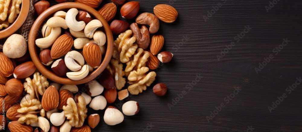 Poster A white ceramic bowl filled with a variety of mixed nuts, with a blank background for text or additional images, providing ample copy space image.