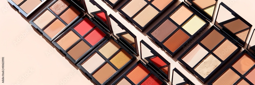 Poster a collection of various contouring and highlighting makeup palettes, featuring rich colors and a var