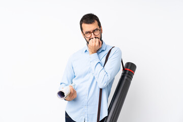 Young architect man with beard over isolated white background having doubts