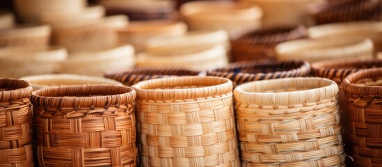 Handcrafted Saudi Arabian bamboo basket with vibrant colors, featuring intricate traditional design - with copy space image.