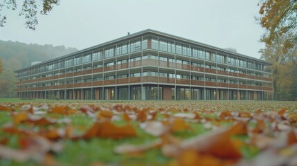 Low-angle view of a modern multi-story building in Kaltbrunn, with autumn leaves in the foreground and a misty backdrop.
