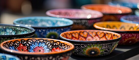 Customer purchasing decorative ceramic plates at a small business outdoor street sale amidst the coronavirus pandemic lockdown, with a background of ample copy space image.