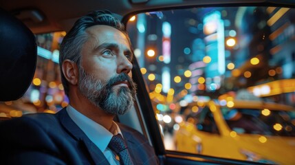 Thoughtful businessman in a car at night, looking out the window with city lights in the background.
