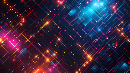 Obraz premium Futuristic abstract background with vibrant neon lines and glowing dots, creating a dynamic and modern digital landscape.