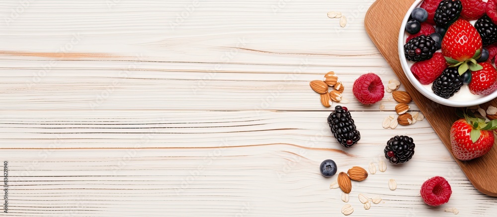 Sticker A variety of cereals, muesli, blueberries, and cookies are arranged on a light backdrop in a top view flat lay composition with copy space image.