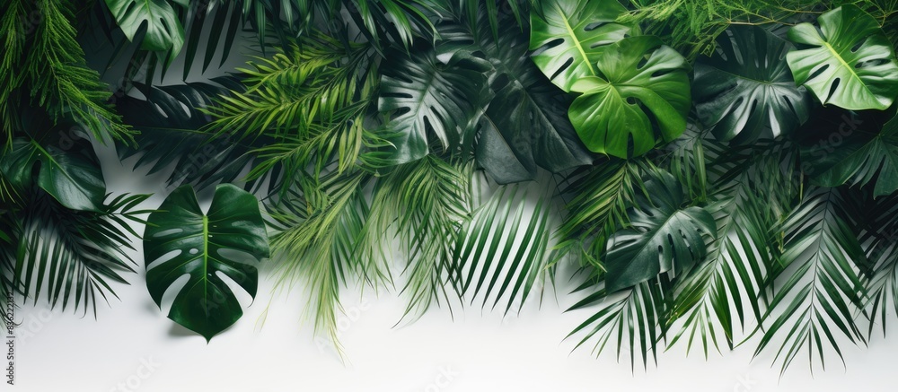 Wall mural nature concept flat lay with a creative arrangement of flowers and leaves around a paper card note, 