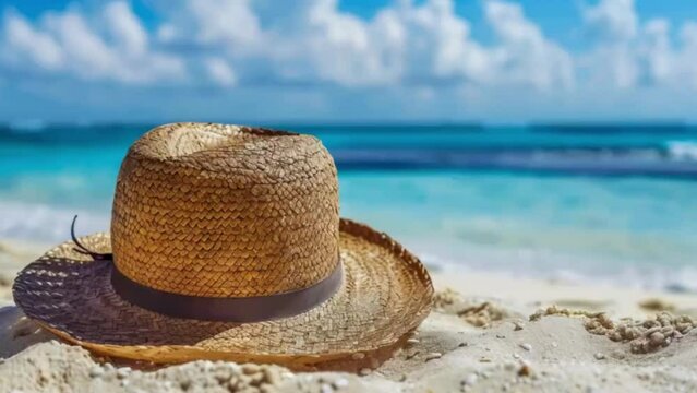 De vacaciones en la playa. Copas y sombrero de paja al sol de verano en una playa del Caribe