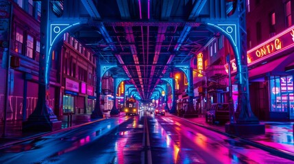 Night neon street at city downtown. Cityscape on dark background with bright and glowing neon lights