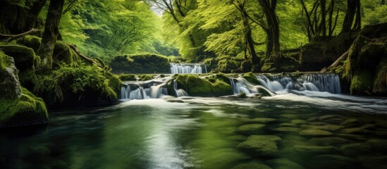 Naklejka premium Forest background with a tranquil stream, perfect for your design with copy space image.