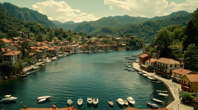 Aerial view of a picturesque harbor in Topla, Montenegro, with boats and surrounded by green hills.