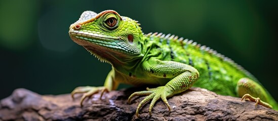 Obraz premium Cold-blooded lizard in a household terrarium, a pet reptile that requires care, shown in a copy space image.