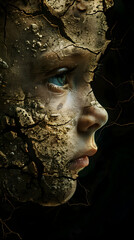 Photo realistic concept of Child blending with cracked earth symbolizing climate change impact on younger generations. Ideal for environmental and educational ads. 