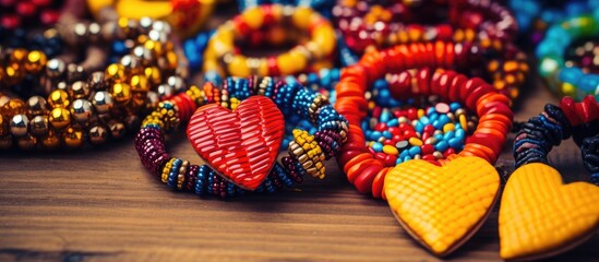 Top view of a box containing beads and glass hearts, used in crafting handmade jewelry, displayed on a rustic wooden surface with copy space image.