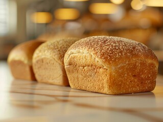 A freshly baked brioche loaf on a marble table with a warm blurred background.