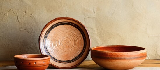 An overhead view of an empty circle-shaped clay baking dish against a white background with copy space image.