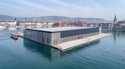 Aerial view of a modern building floating on water in Stuttgart, Germany with cityscape in the background on a clear day.