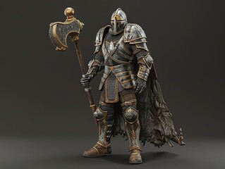 A 3D render of a medieval warrior action figure with a mace
