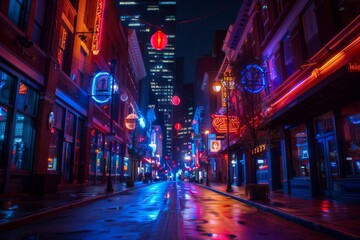 Night neon street at city downtown. Cityscape on dark background with bright and glowing neon lights