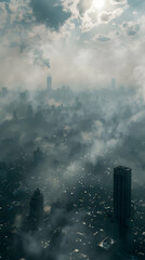 City Skyline and Pollution: Urban Smog Symbolizing Climate Change, Perfect for Environmental and Urban Planning Ads   Stock Photo