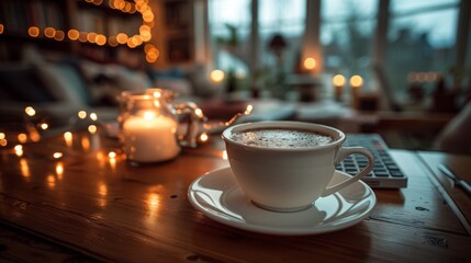 A cozy workspace featuring a tablet PC next to a steaming white coffee cup on a desk, with blurred background lights.
