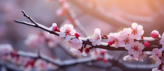 Spring's surprise snowfall blankets blooming apple tree flowers with snow in the garden, creating a picturesque scene for a copy space image.