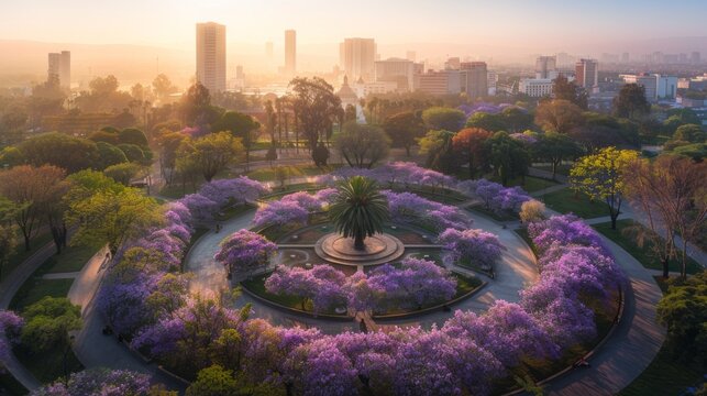 Aerial drone view of Hemiciclo a Ju&aacute;rez historic monument surrounded by blooming jacaranda trees in soft sunlight.