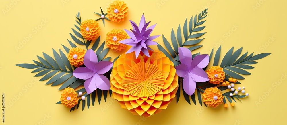Wall mural an origami pineapple on a white backdrop with plenty of empty space for writing or images. copy spac