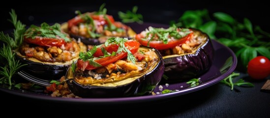 Eggplant baked with tomatoes, garlic, and paprika, with a background suitable for adding text or graphic elements - a copy space image.